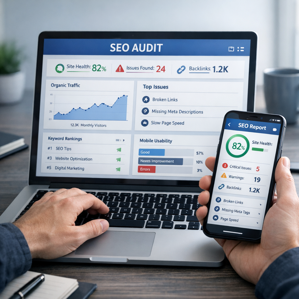 Photorealistic mid-shot of a hands-on SEO audit in progress on a laptop and mobile phone, close-up of analytics, not an in...