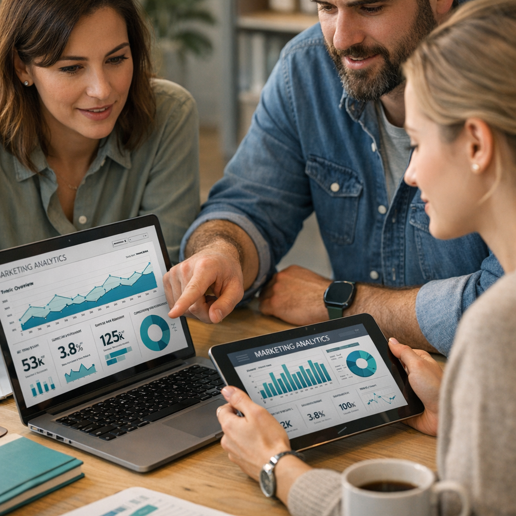 Photorealistic scene of a small marketing team reviewing analytics on a laptop and a tablet, warm natural light, collabora...