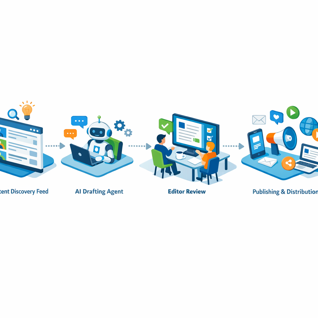 Clean isometric illustration of an AI automation flow: content discovery feed feeding into a drafting agent, then into an ...