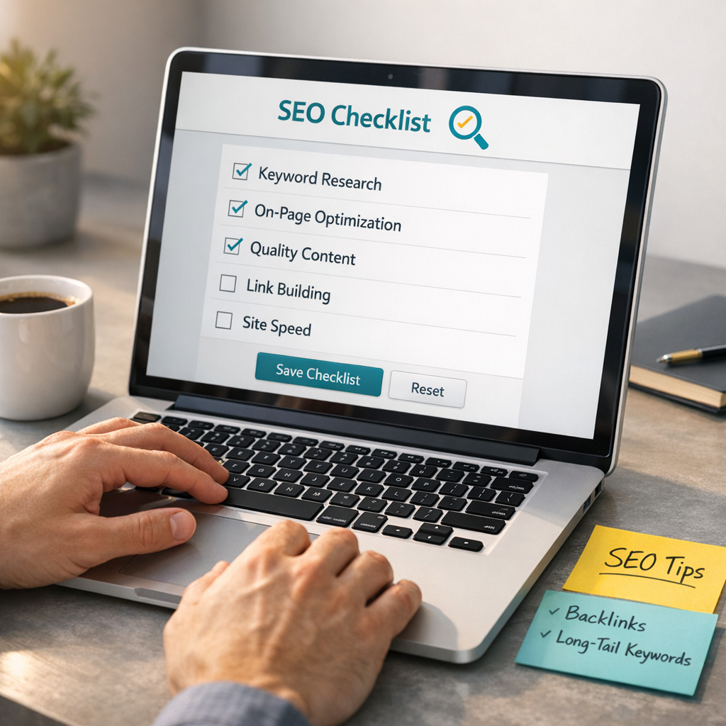 Close-up photorealistic image of a hands-on laptop screen showing a simple SEO checklist app, a coffee cup, sticky notes w...