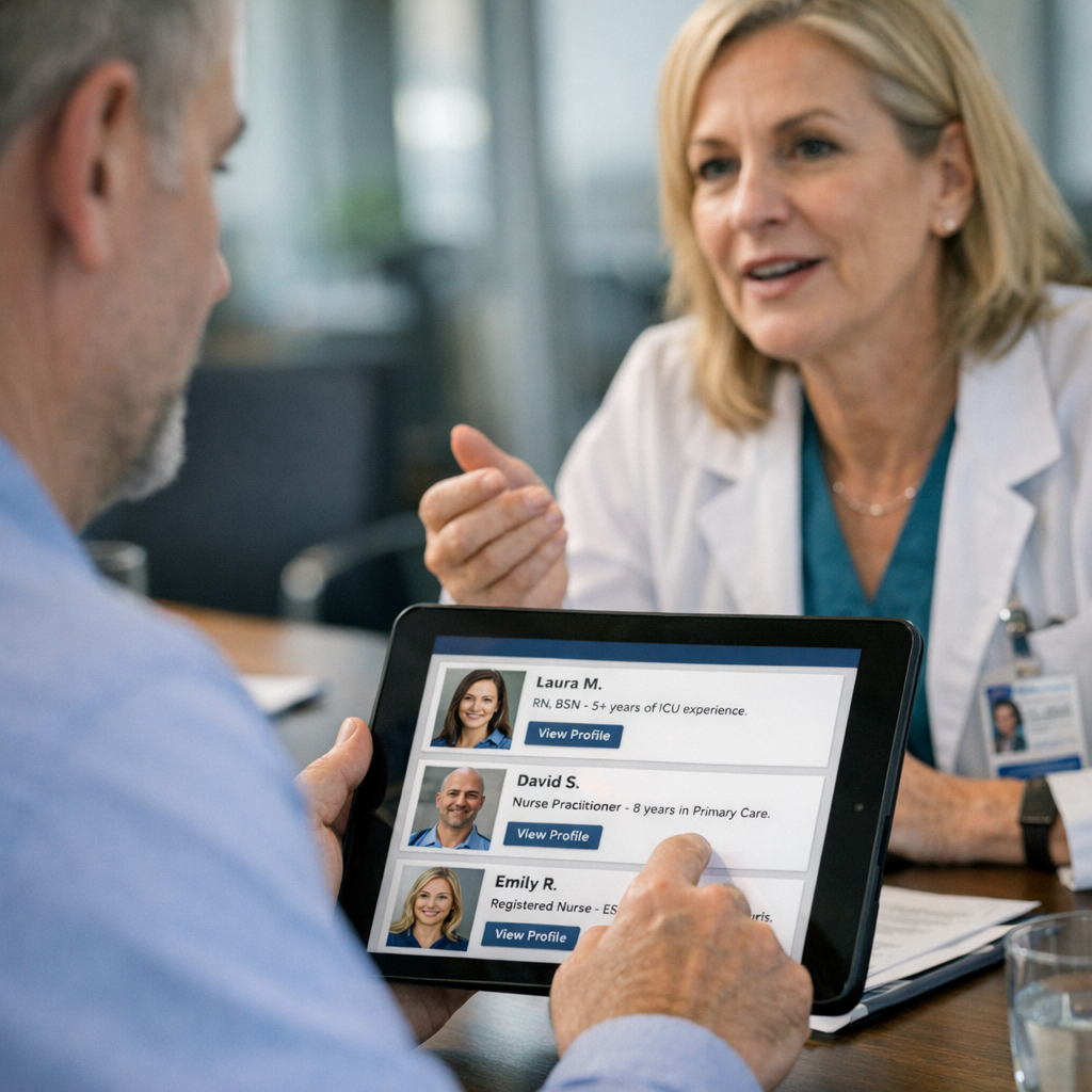 Photorealistic mid-content image showing a hiring manager reviewing candidate profiles on a tablet while talking with a cl...