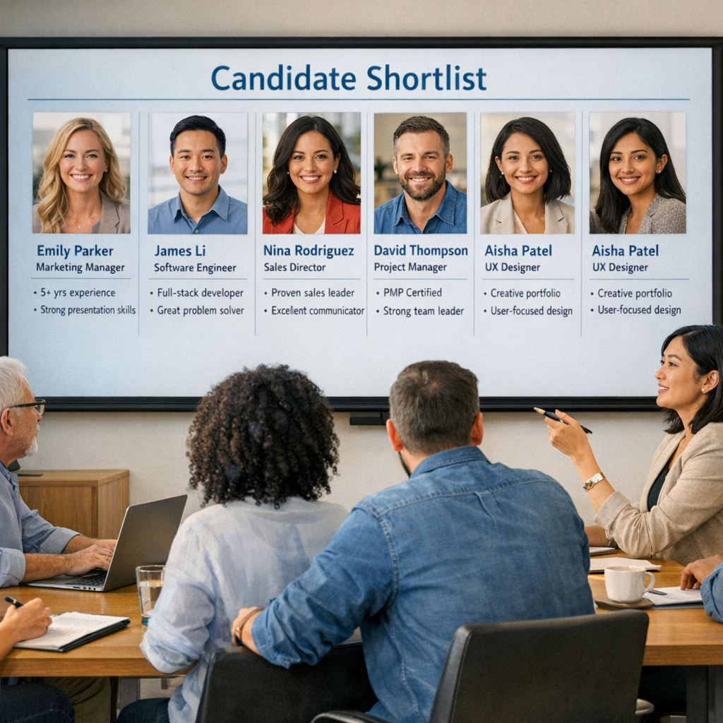 Photorealistic closing image showing a collaborative hiring team meeting in a bright conference room, diverse participants...