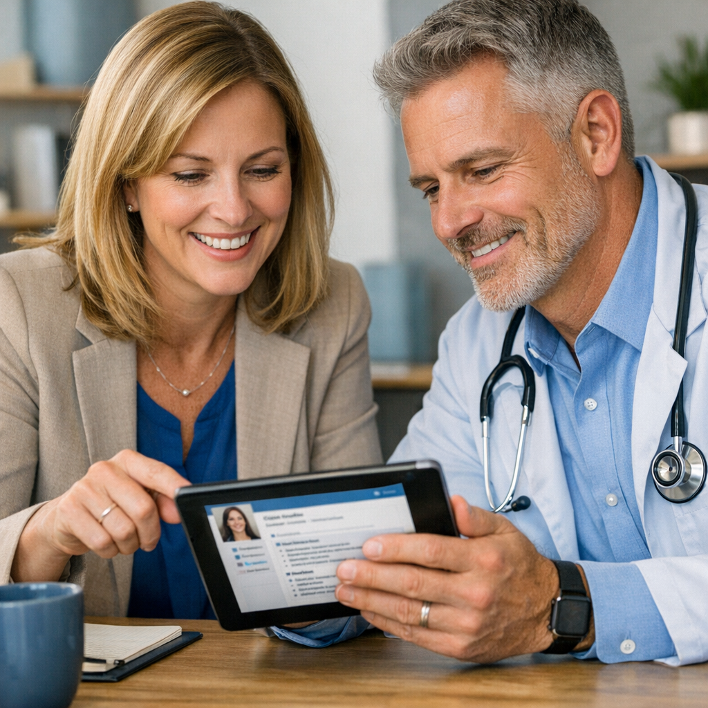 Photorealistic mid-content photo of a recruiter and a clinical director reviewing candidate profiles on a tablet in a mode...