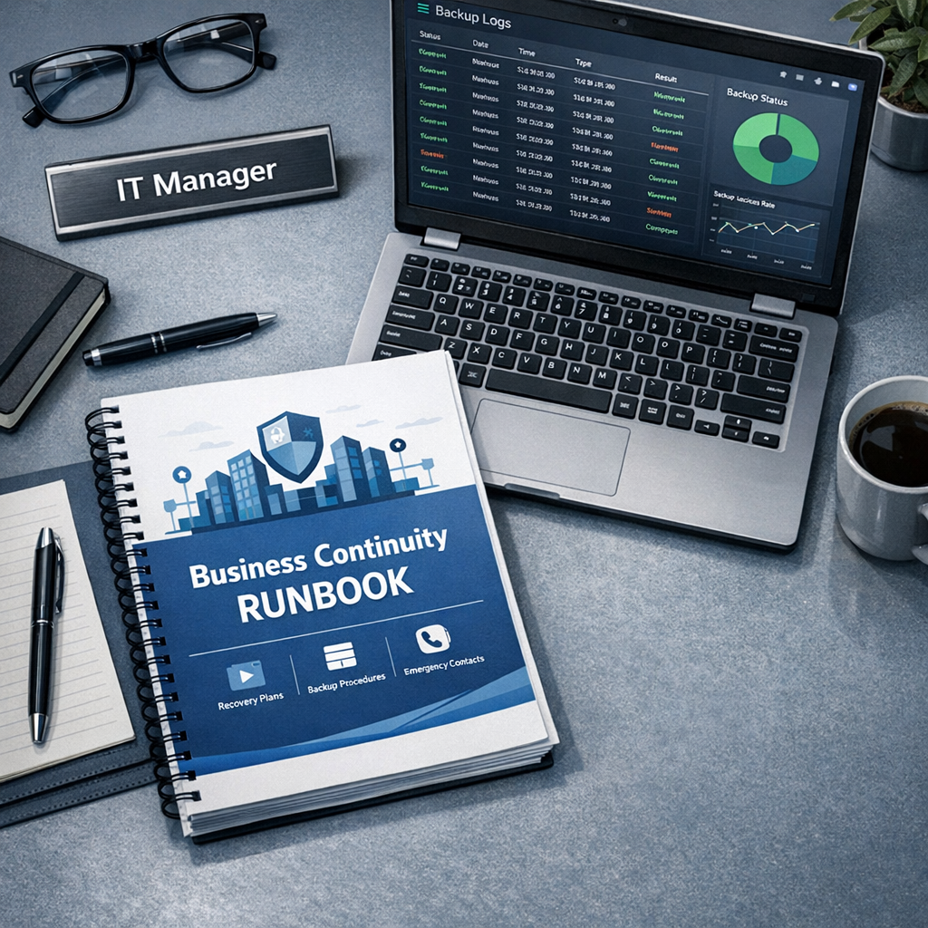 Network System Solutions | Reliable Data Backup and Recovery Arizona: MSP Solutions Now A photorealistic illustrative scene of a business continuity runbook on a desk next to a laptop showing backup logs, calm ...