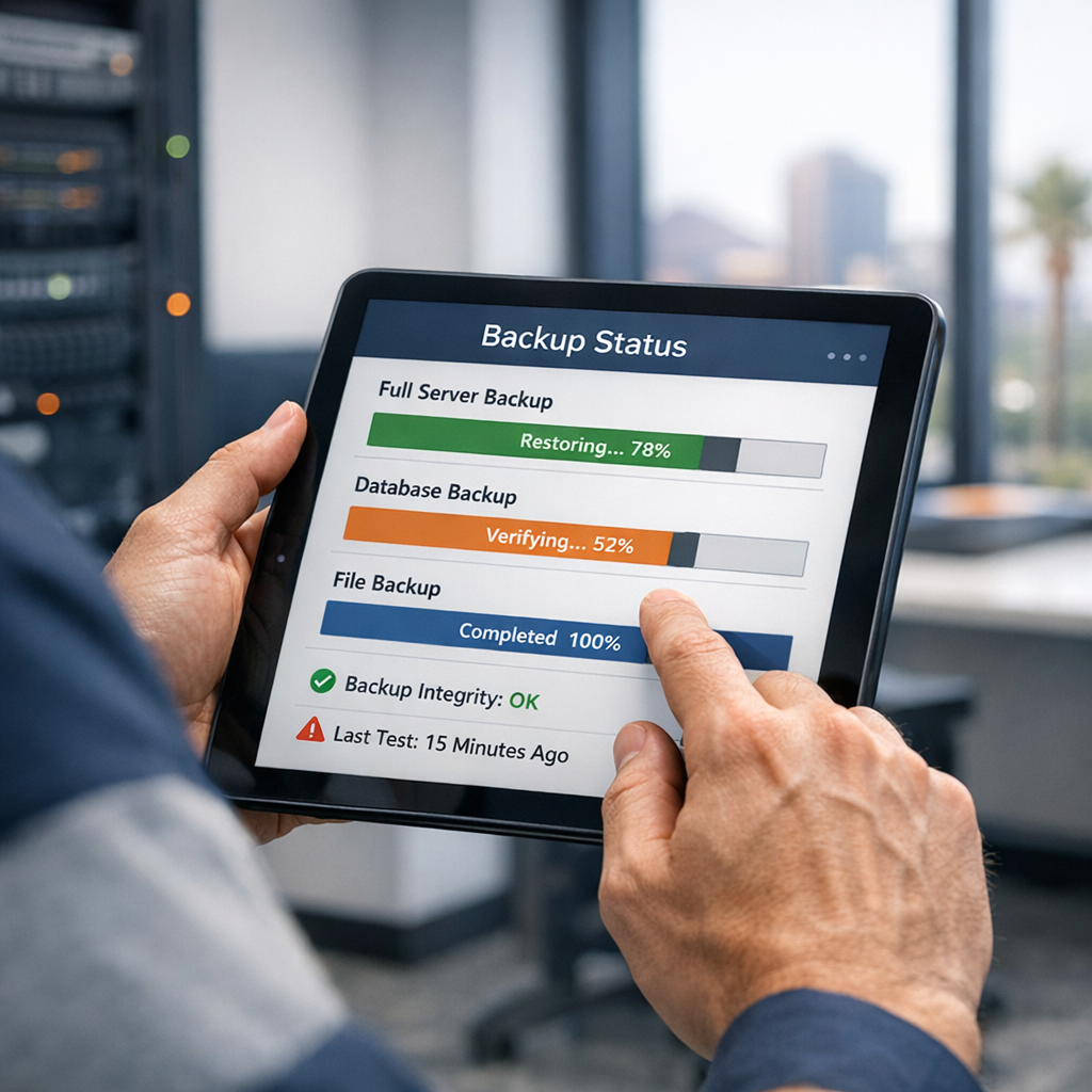 A photorealistic mid-shot of a technician testing server backups on a tablet in a bright Phoenix office, clean modern aest...