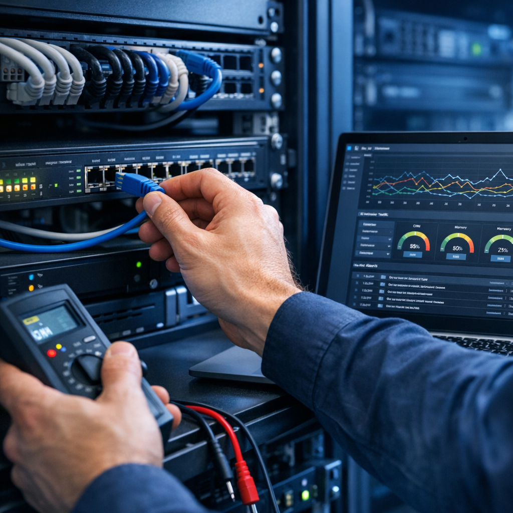 A close-up photorealistic image of an IT technician solving a network issue on a small office server rack, hands-on action...