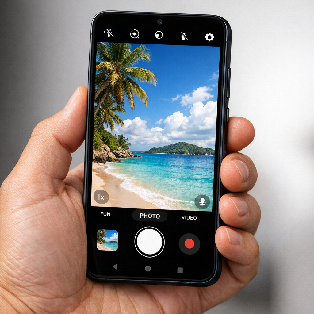 Close-up photorealistic shot of a hand holding a Galaxy A-series phone displaying its camera app and a vibrant image previ...