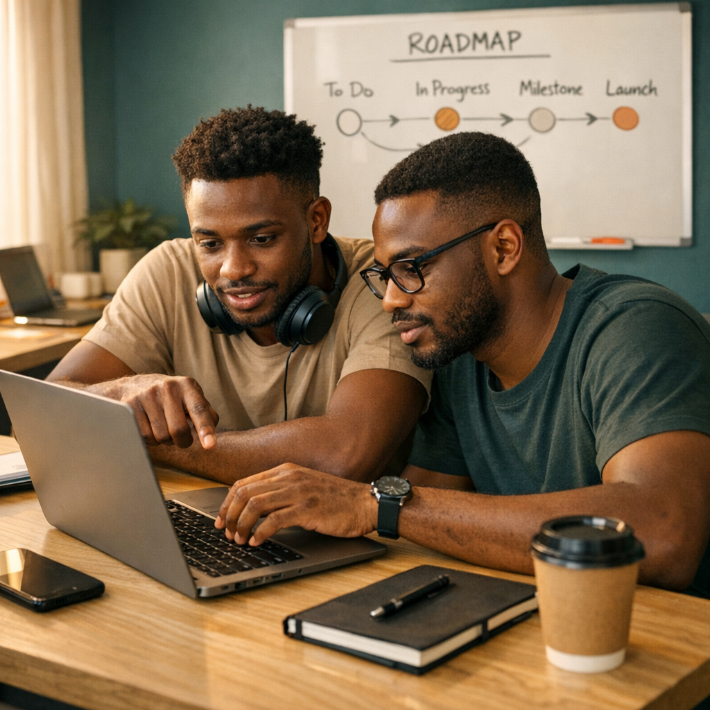 A mid-content photorealistic image of a small co-working space in Lagos: two young developers pair-programming on a laptop...
