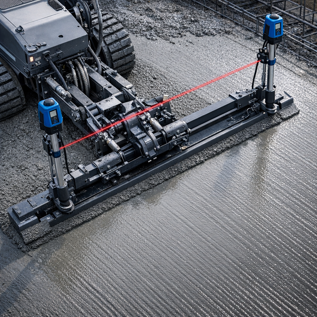 Close-up photorealistic shot of a laser screed finishing a large commercial slab, overhead perspective, professional and t...