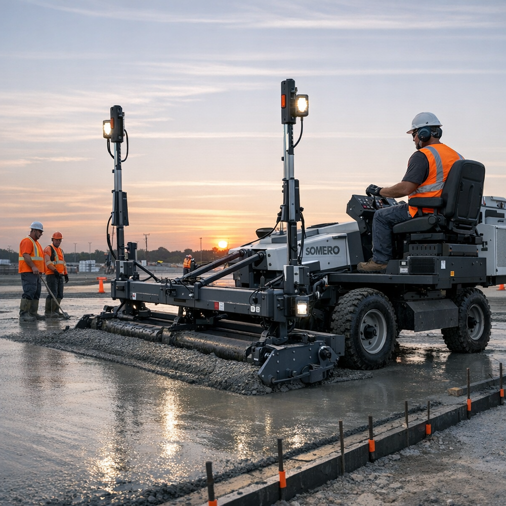 Mid-article photorealistic image of a crew using a laser screed to level a large commercial slab at sunrise, showing preci...