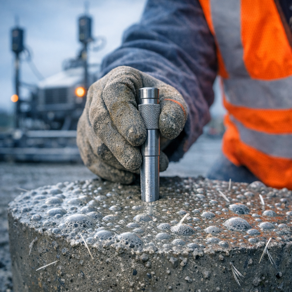 Close-up photorealistic photo of a contractor testing fresh concrete, showing air-entrainment bubbles on a surface sample,...