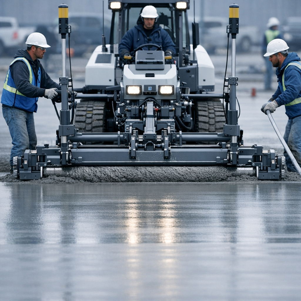 Close-up photorealistic shot of a concrete laser screed machine smoothing a large parking lot slab while crew members guid...