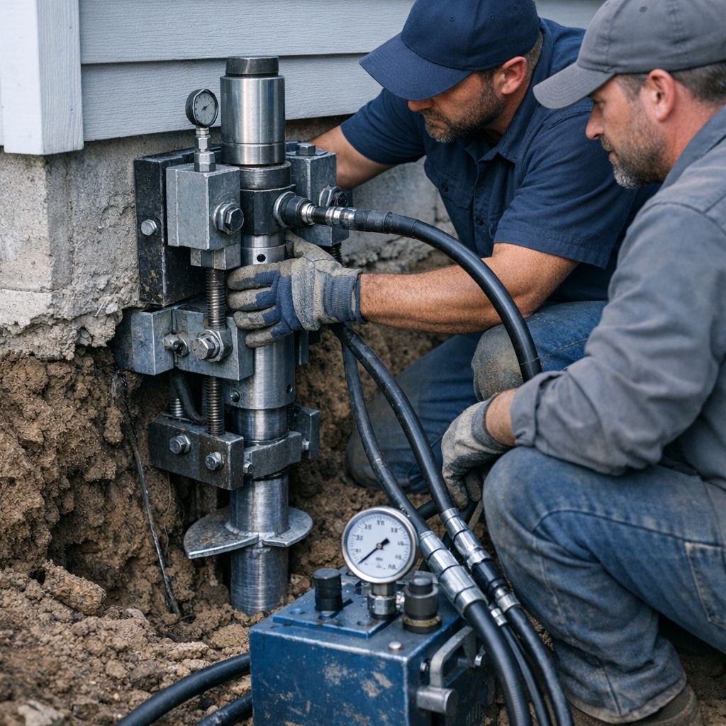 Photorealistic mid-shot of a foundation repair crew using hydraulic jacks and steel helical piers beside a house, close-up...