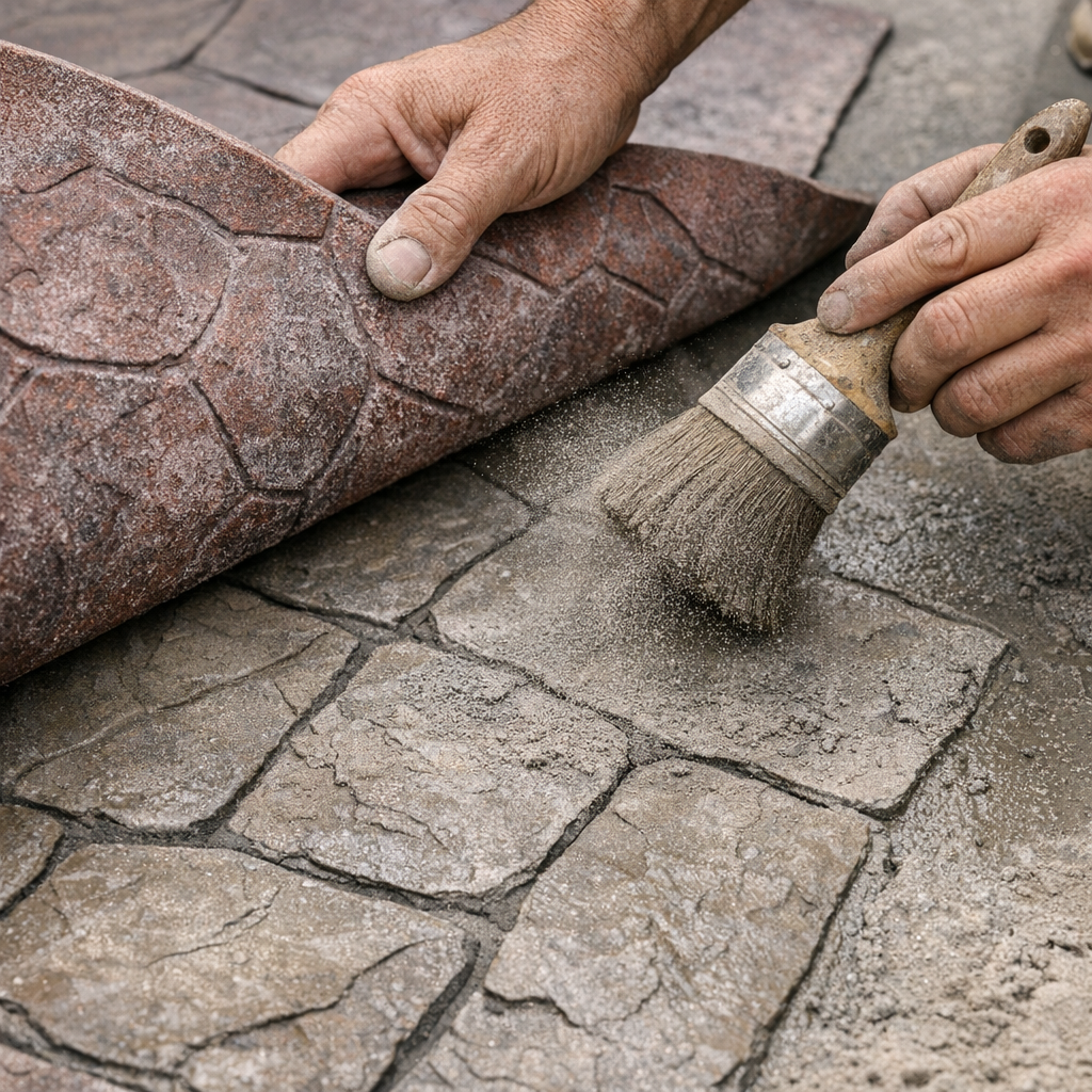Close-up photorealistic shot of hands applying a colored release agent and texture mat to wet concrete, showing stamped st...