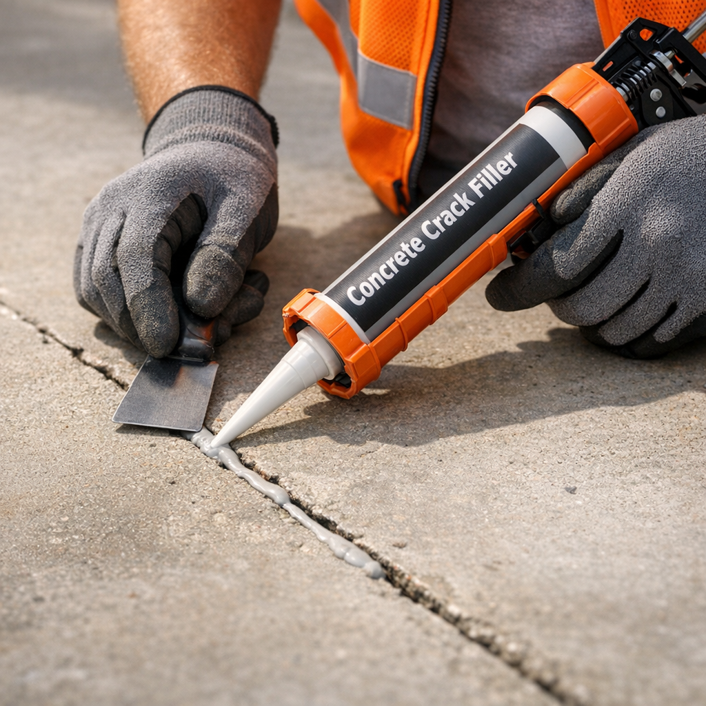 Close-up photorealistic shot of a contractor filling a 1/4-inch crack with self-leveling concrete crack filler, gloved han...