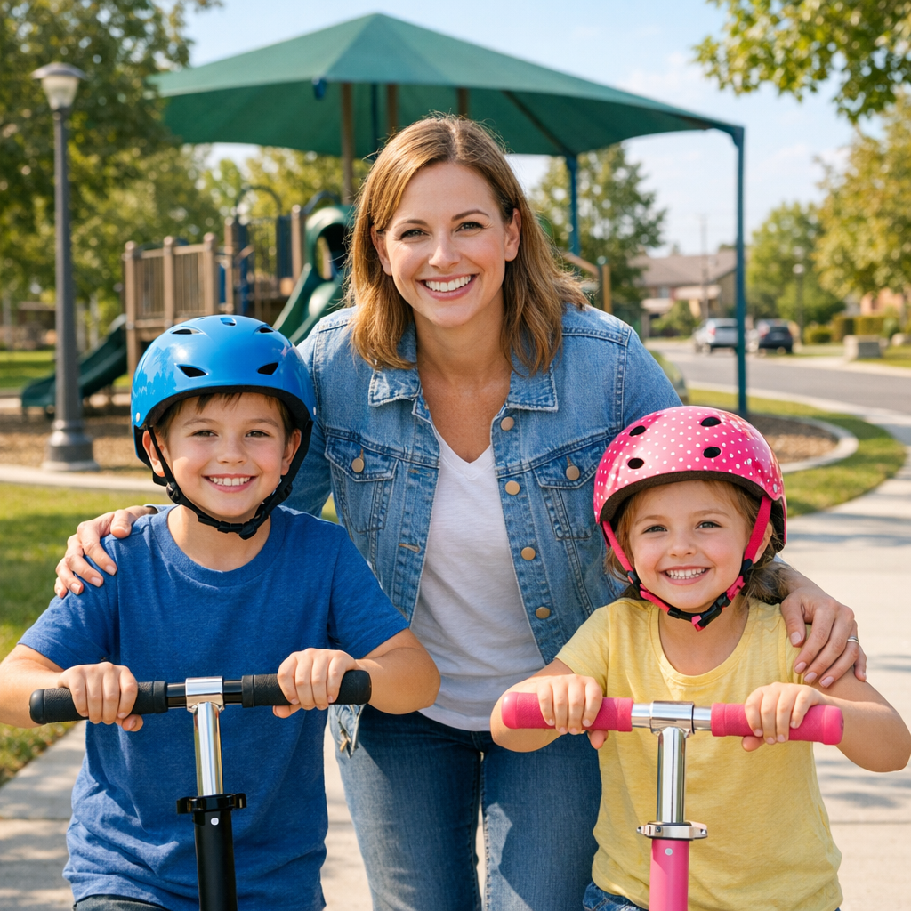 Photorealistic mid-content image showing a mom with two kids after recently relocating to Phoenix
