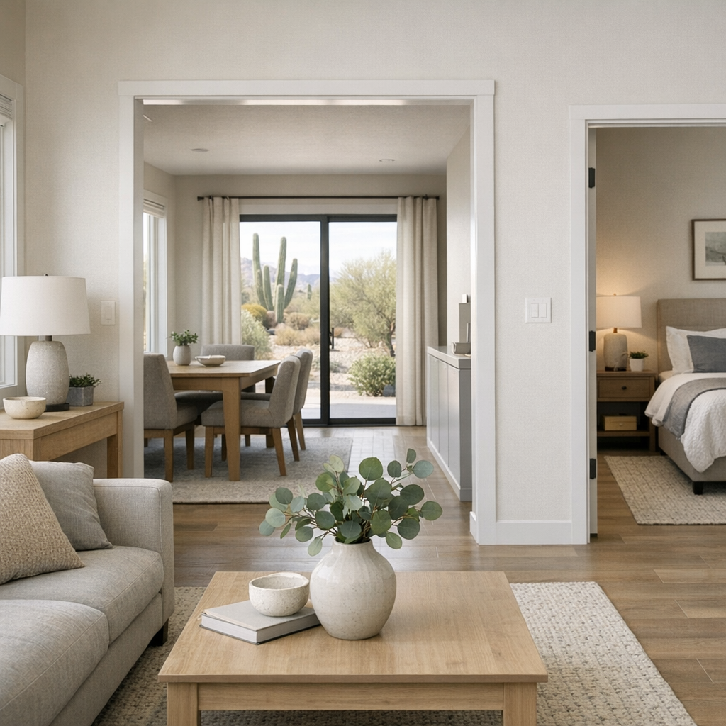 Downsizing Tips For Seniors: Photorealistic mid-level photo of a smartly staged 2-bedroom single-story home interior with wide doorways, minimal clutte...