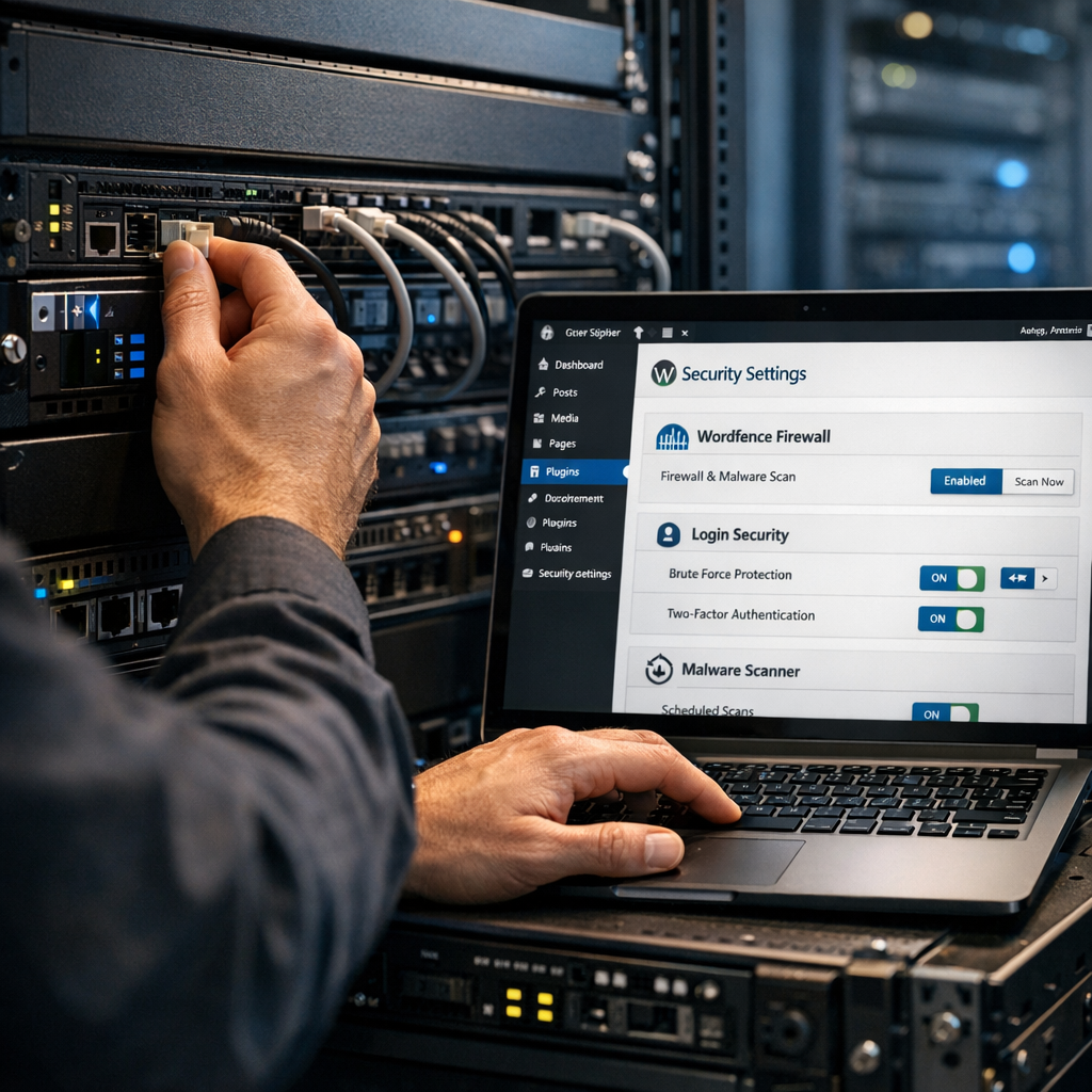 Close-up photorealistic shot of a hands-on server rack and a laptop screen showing WordPress admin with security plugins. ...