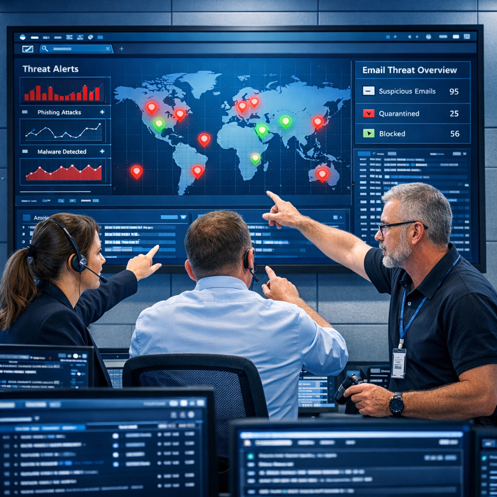 A clean, photorealistic image of an IT security team at work in a modern operations center, mid-shot, professional and foc...