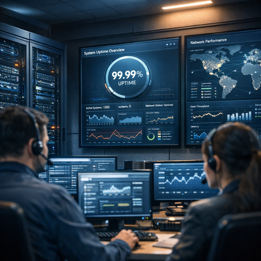 Close-up photorealistic interior shot of a secure operations room with technicians monitoring banked server racks and live...