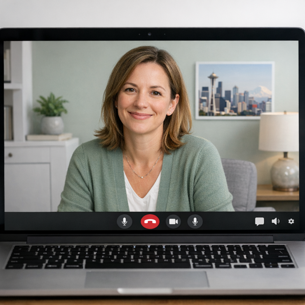 Photorealistic mid-shot of a virtual therapy session on a laptop screen, a calm clinician smiling in a home office, neutra...