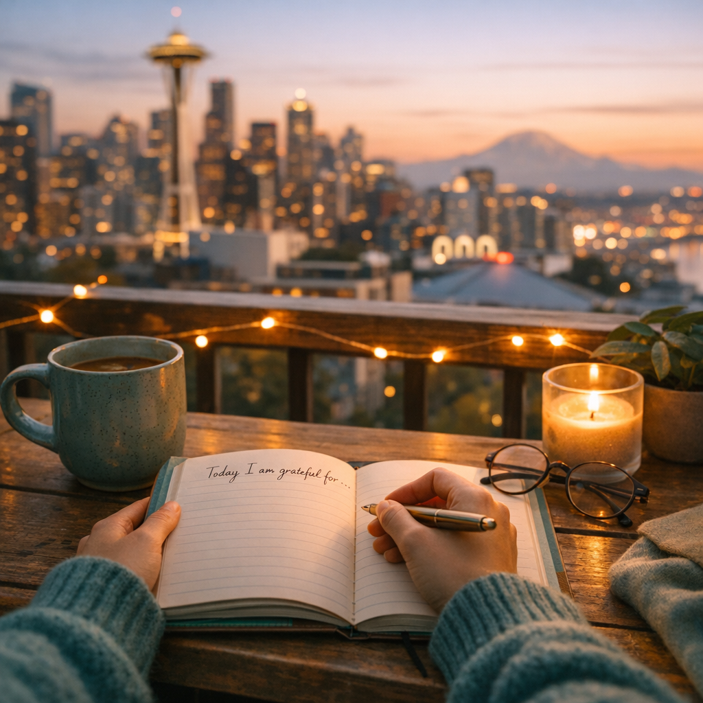 Photorealistic, warm scene of a person journaling on a balcony with a blurred Seattle skyline at dusk, golden hour light, ...