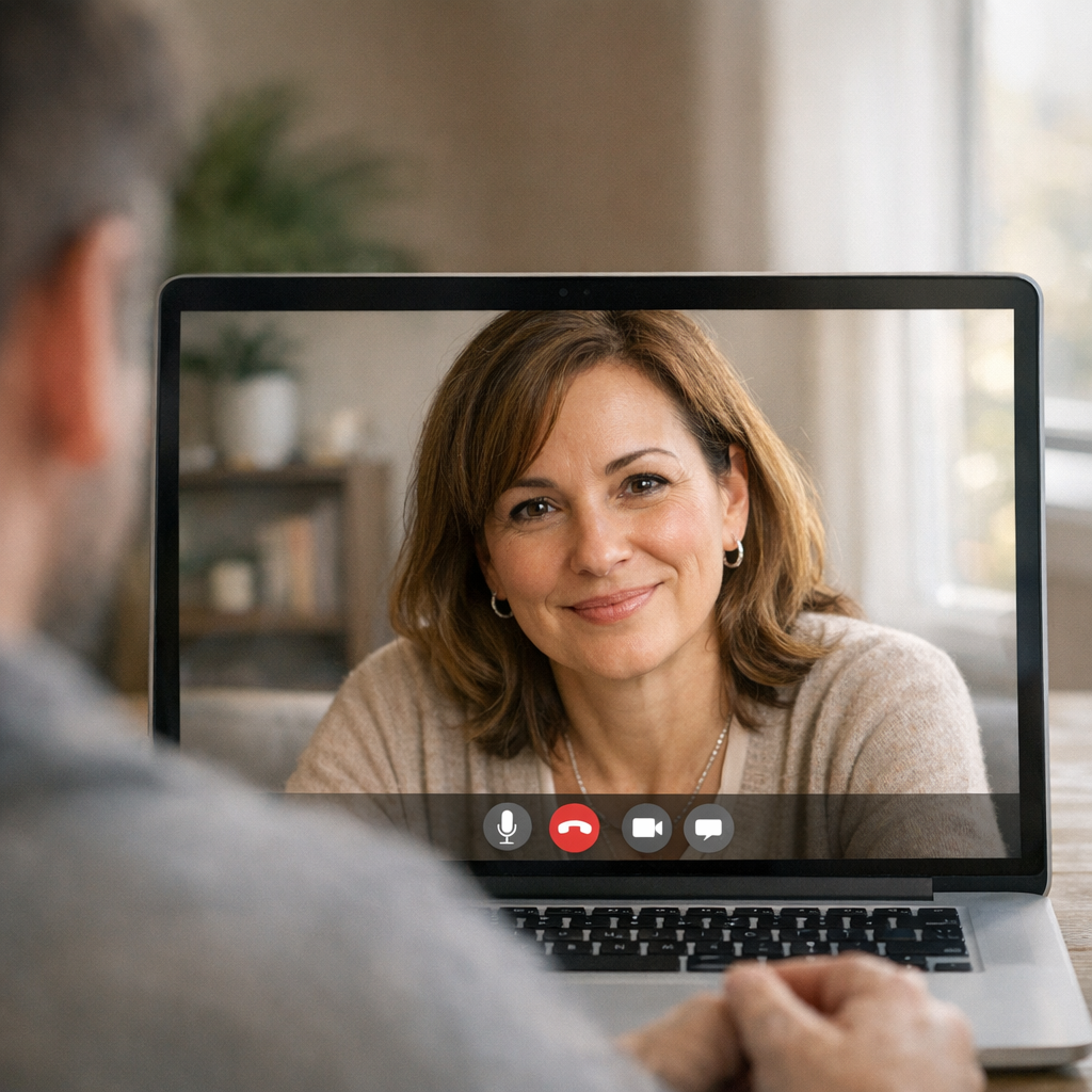 Photorealistic mid-shot of a friendly therapist on a laptop screen talking to an adult client, warm neutral tones, natural...
