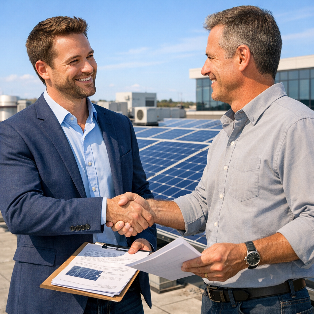 Independent Solar | Best Solar Dealer Programs for Sales Reps, Grow Revenue Fast Mid-article photorealistic image of a sales rep meeting with a commercial property manager on a sunlit rooftop beside inst...