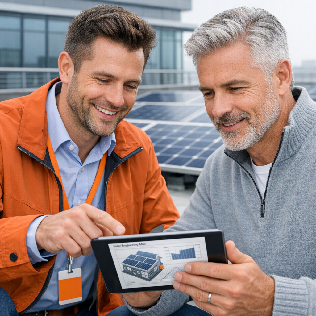 Photorealistic mid-page image of a commercial sales rep and a property owner reviewing solar engineering plans on a tablet...
