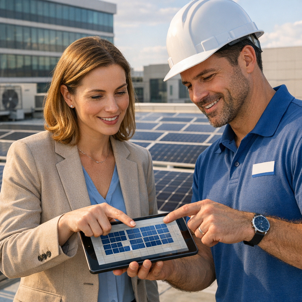 Independent Solar | Solar for Multifamily Property Owners, Dealer-Friendly Solutions Photorealistic mid-shot of a property manager and a solar dealer representative standing on a rooftop with panels, pointin...