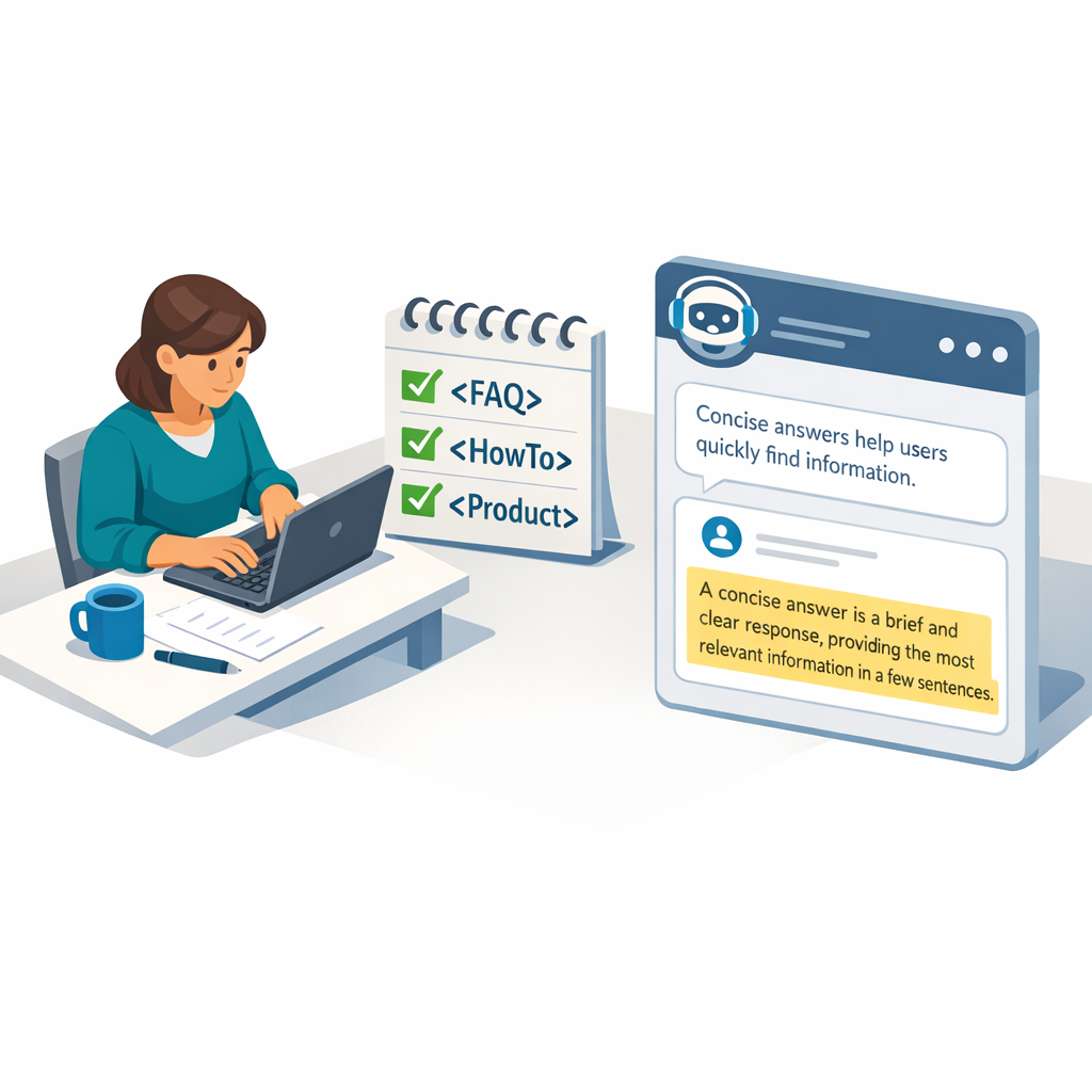 A clean, isometric illustrative scene of a content workflow: a writer drafting a concise answer, a small checklist with st...