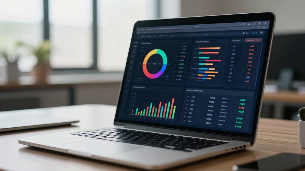 Data analyst reviewing a colorful dashboard