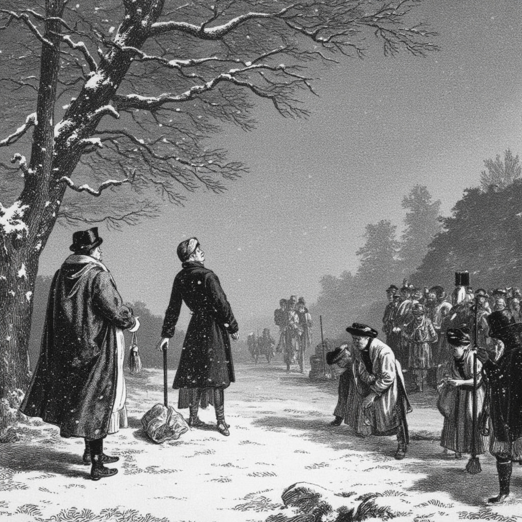 Snow falling in July 1816 America with confused people in summer clothes