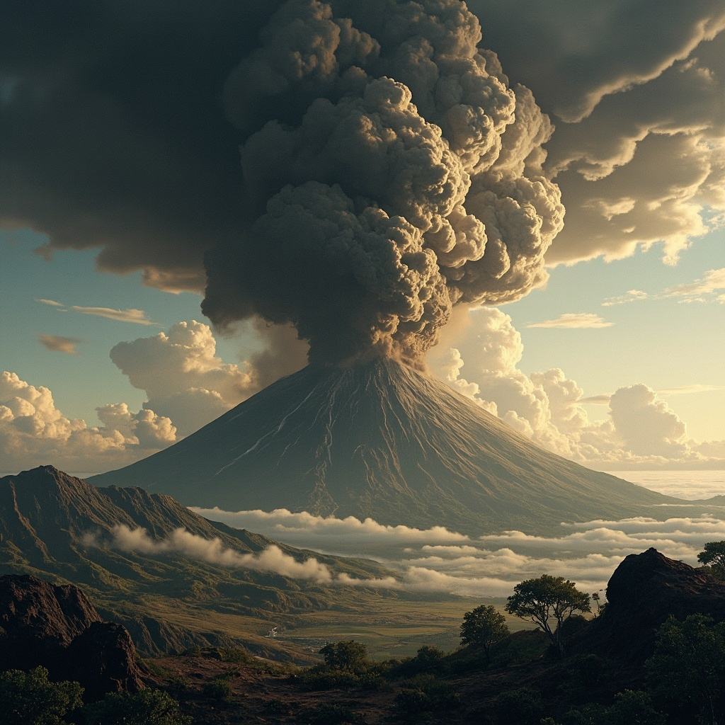 Mount Tambora volcanic eruption 1815 with massive ash cloud reaching the stratosphere