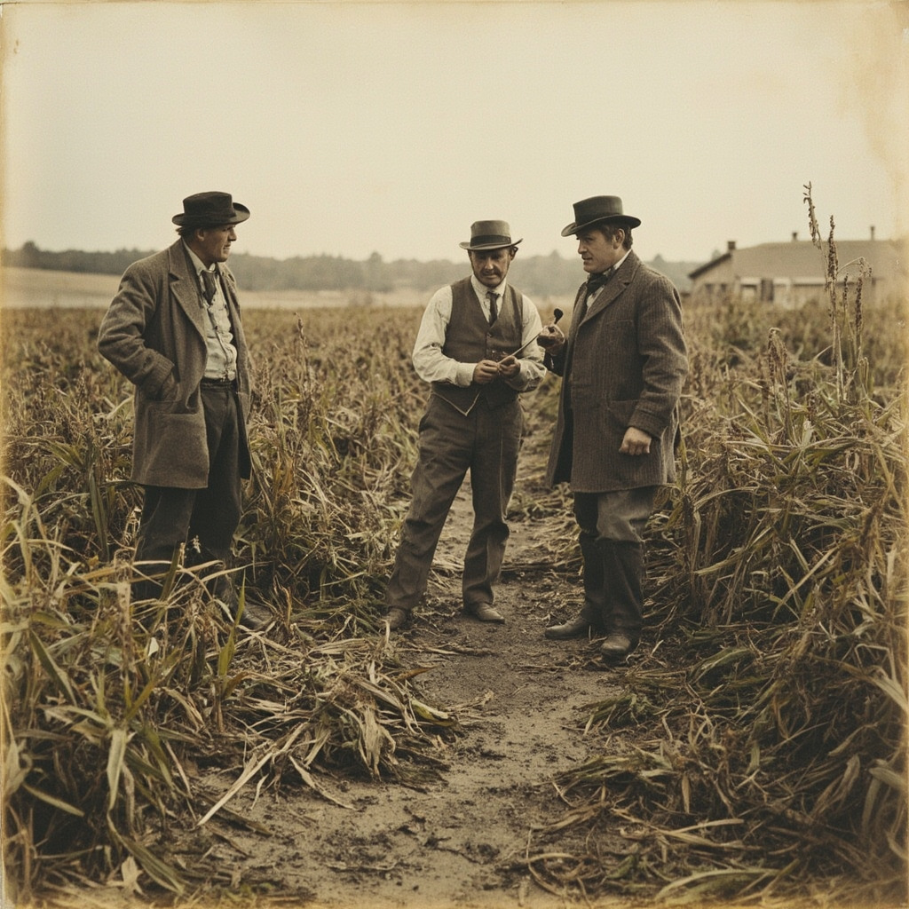 19th century American farmers examining frost-damaged crops during the agricultural disaster
