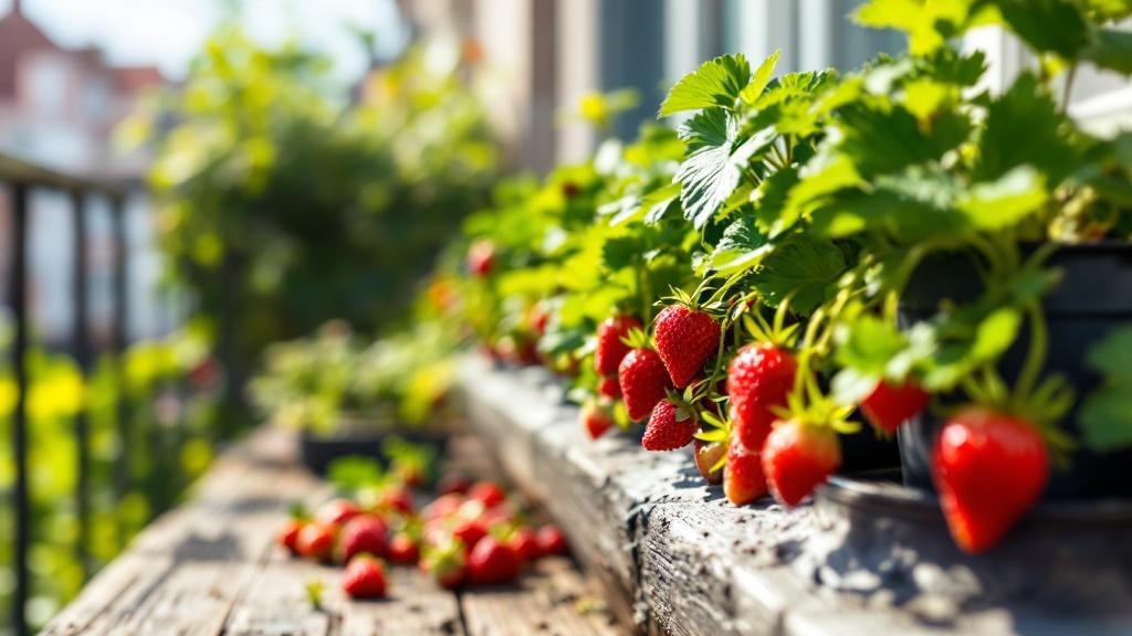 Fresas rojas maduras creciendo en maceta colgante para cultivar fresas en balcón soleado
