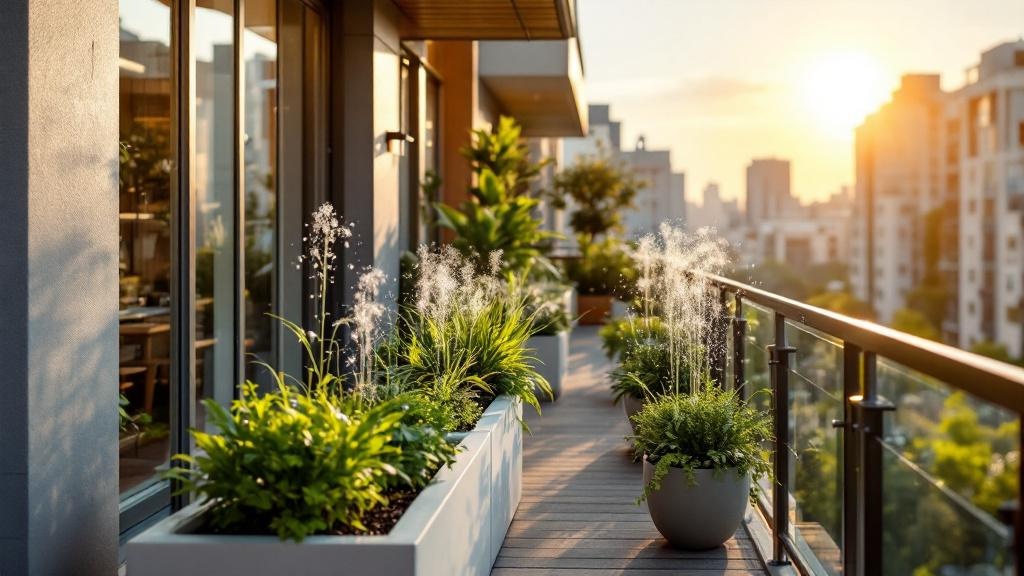 Jardinera autorriego con hierbas aromáticas verdes en balcón urbano moderno