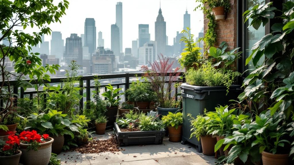 Compostera compacta junto a macetas con plantas en balcón pequeño residencial
