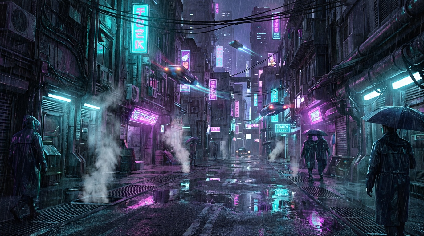 Результат промпта Nano Banana Pro: дождливый киберпанк-переулок с неоновыми отражениями