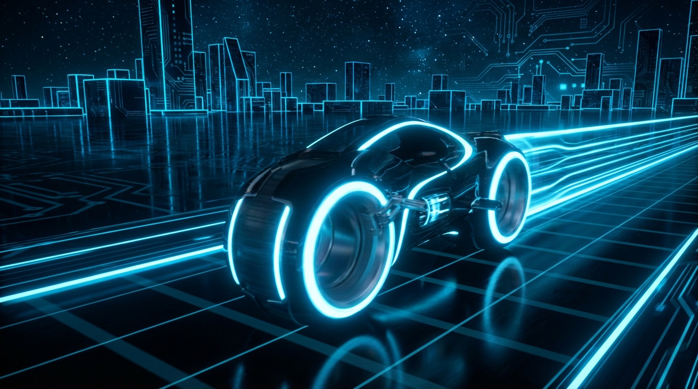 Результат промпта Nano Banana Pro: мотоцикл в стиле TRON со световыми следами