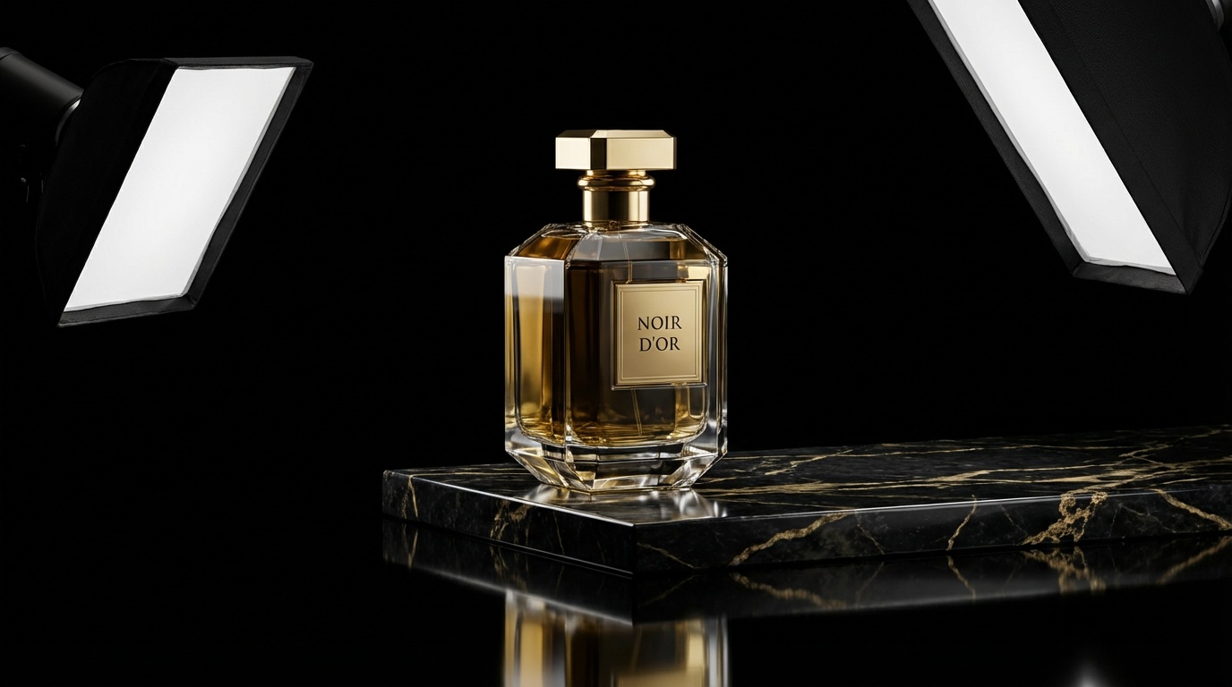 Результат промпта Nano Banana Pro: флакон духов на мраморной поверхности с драматичным освещением