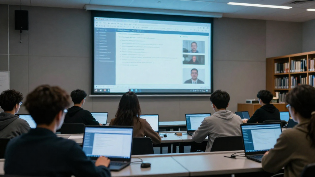 Online exam dashboard in a modern university classroom