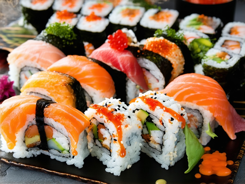 Sushi ingredients and preparation setup