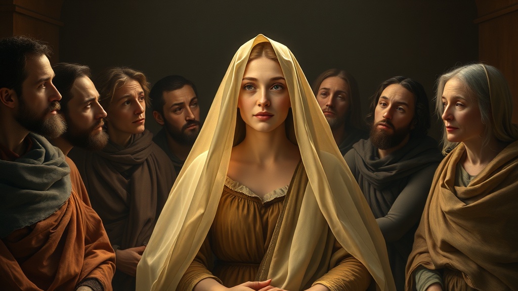 A serene allegorical scene of a woman’s veil being gently lifted, revealing her true face as onlookers respond with empathy