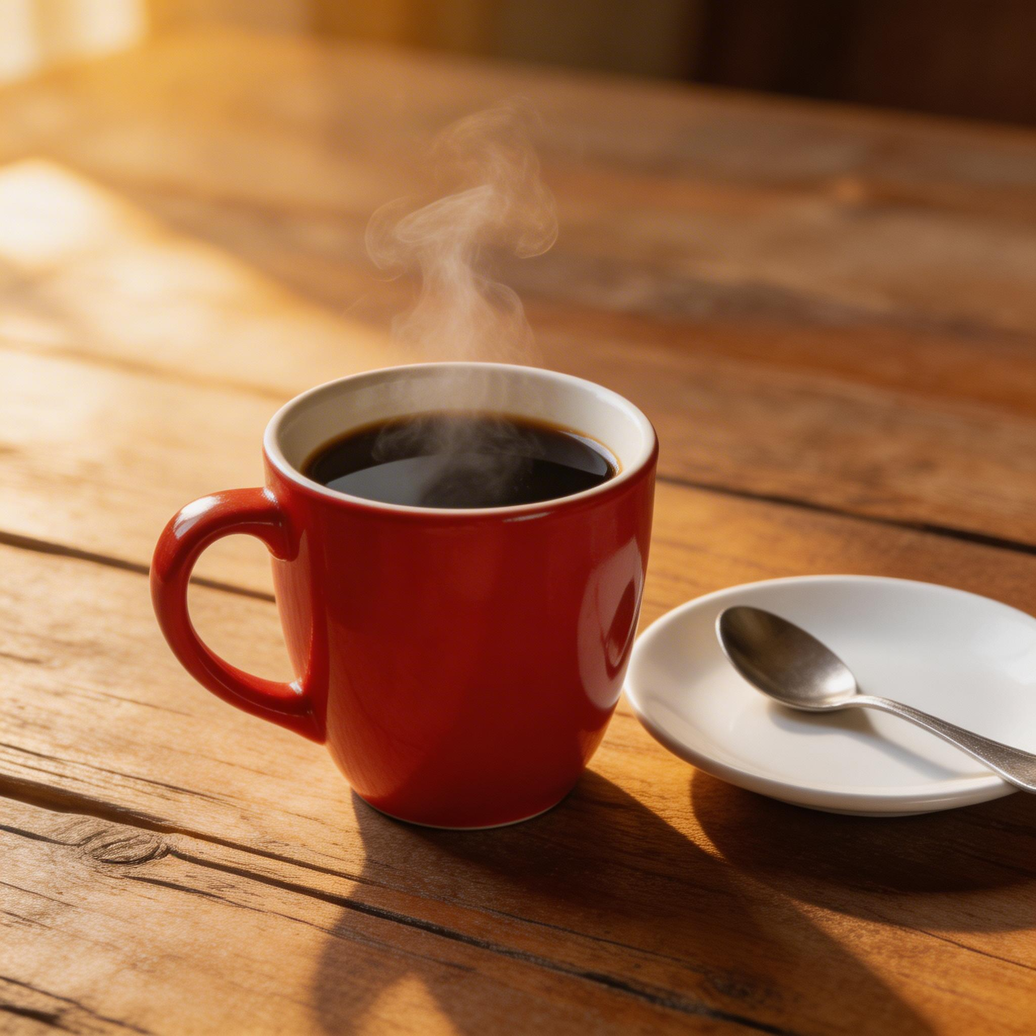 Coffee mug with steam and morning light
