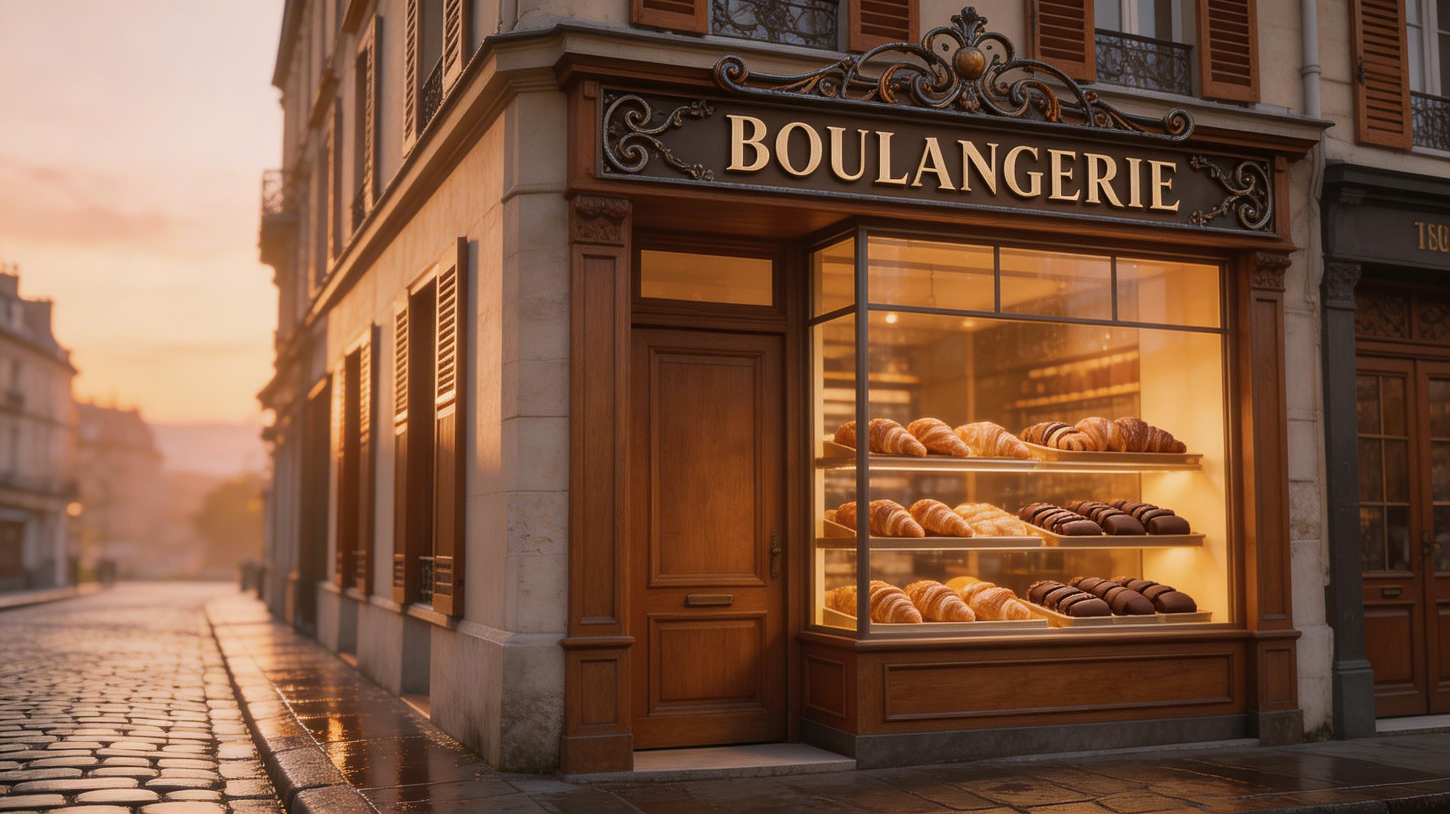 Wrought iron sign, golden dawn, wet cobblestones