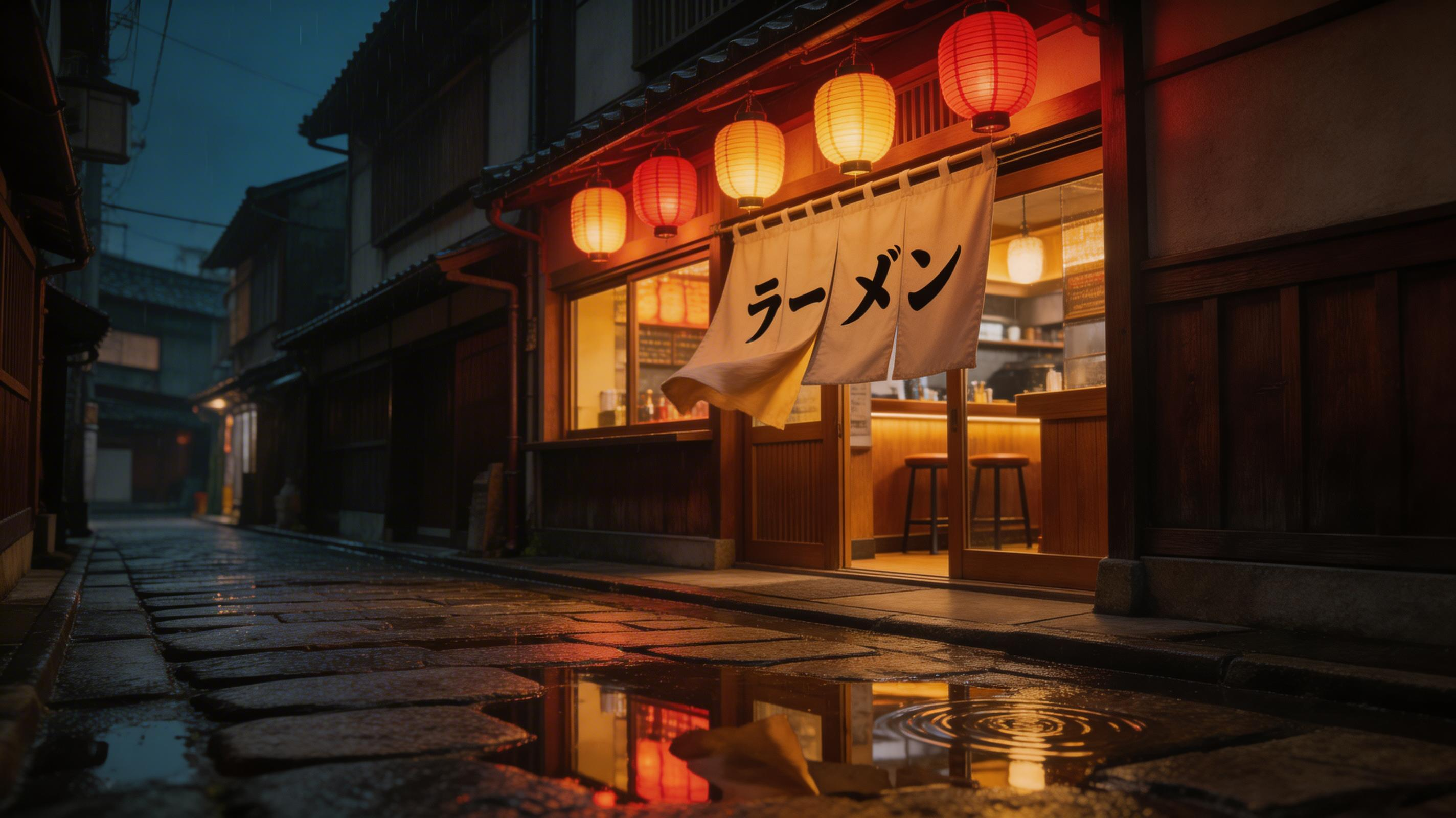 Tokyo back alley ramen shop with red lanterns
