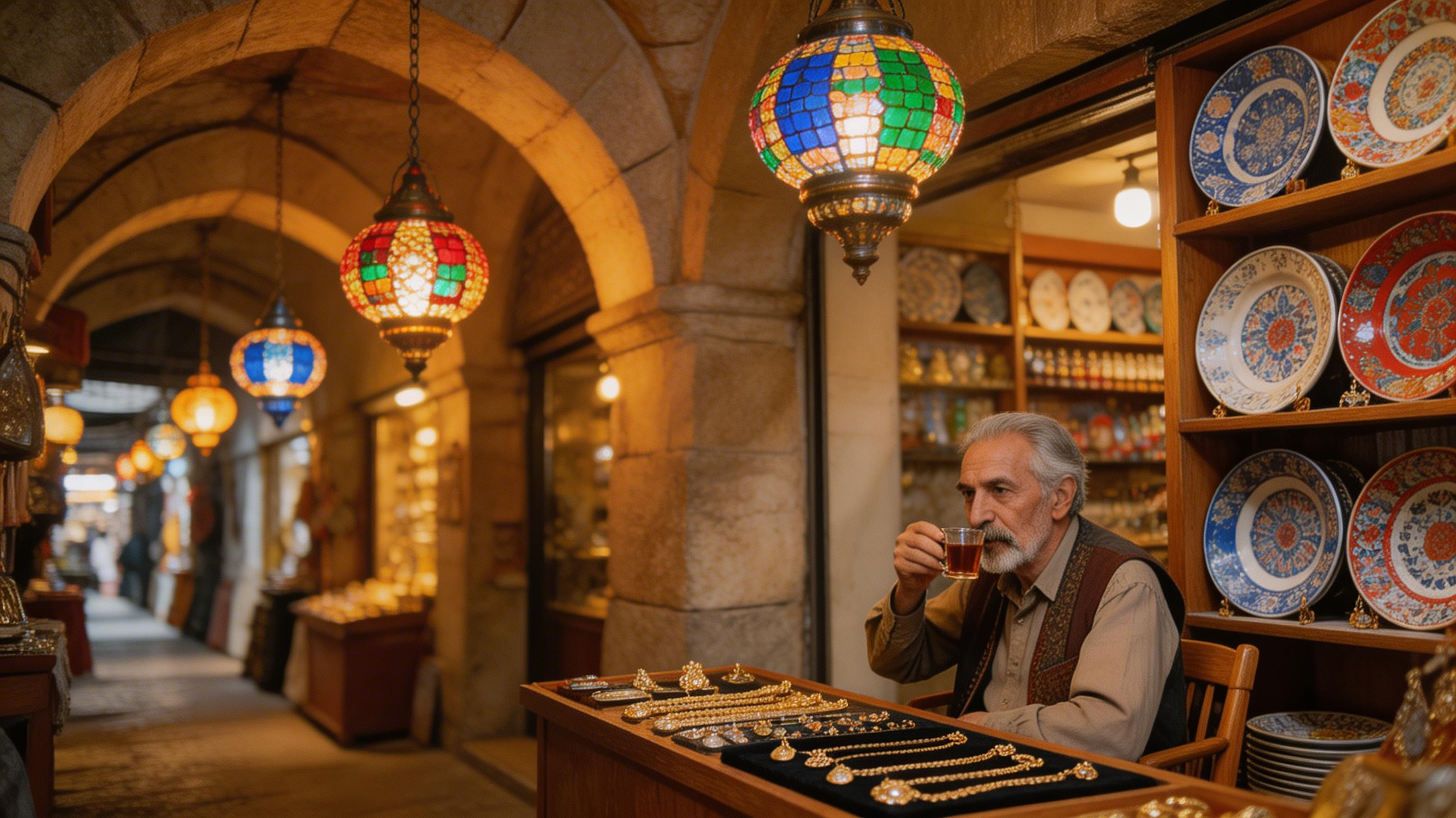 Grand Bazaar, Istanbul with glass lamps and gold jewelry