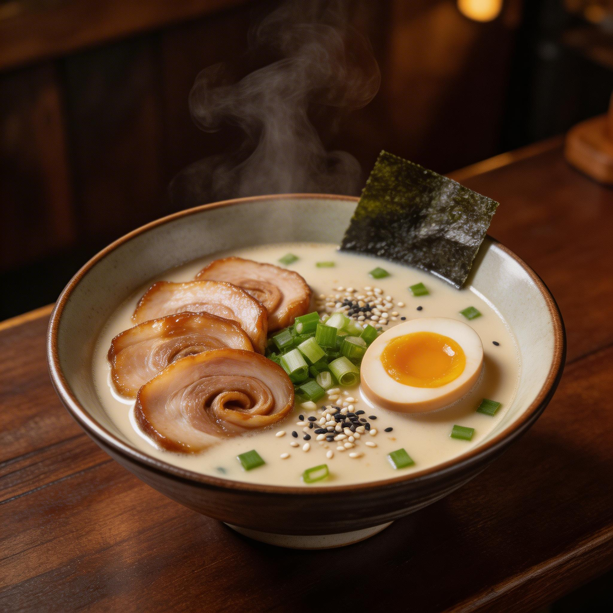 Detailed ramen with plating, garnishes, and steam