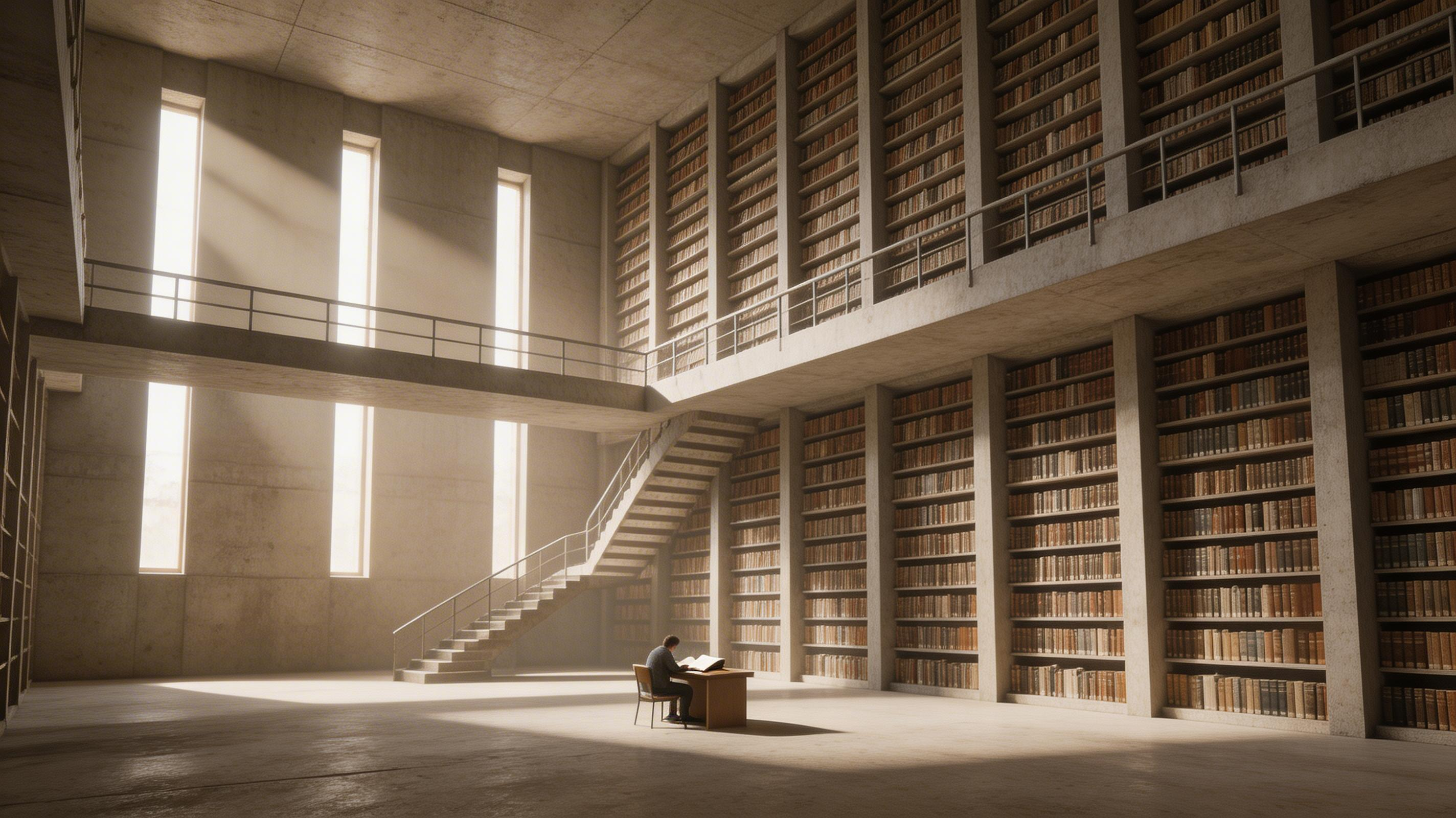 Brutalist library interior with towering geometric bookshelves